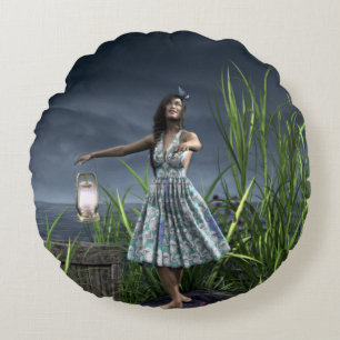 Woman Dancing by the Sea Round Pillow