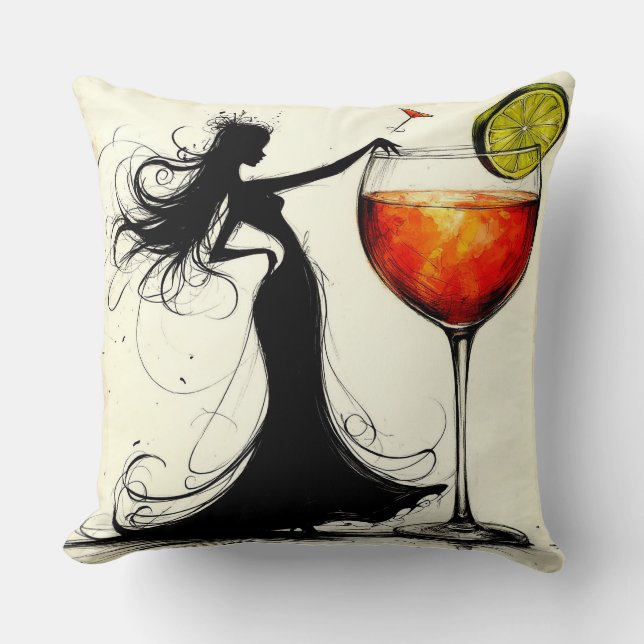 Woman Dancing with Martini Throw Pillow (Front)