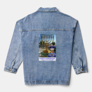 woman denim jacket. Happy Hanukkah. lion Jacket