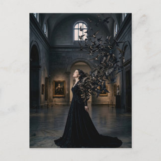 Woman dissolving into birds postcard