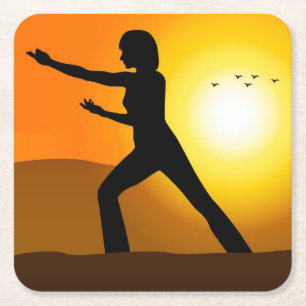 Woman Doing Tai Chi Silhouette Square Paper Coaster