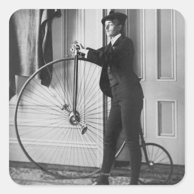 Woman Dressed as Man with Bicycle Square Sticker (Front)