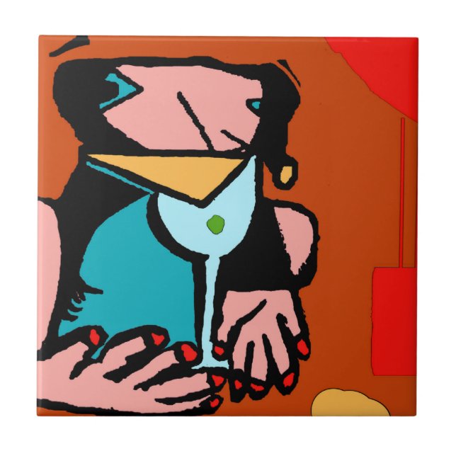 Woman Drinking Abstract Cubism Tile (Front)