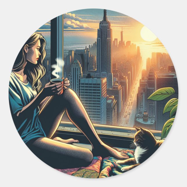 Woman Drinking Coffee at Sunrise in the City Classic Round Sticker (Front)