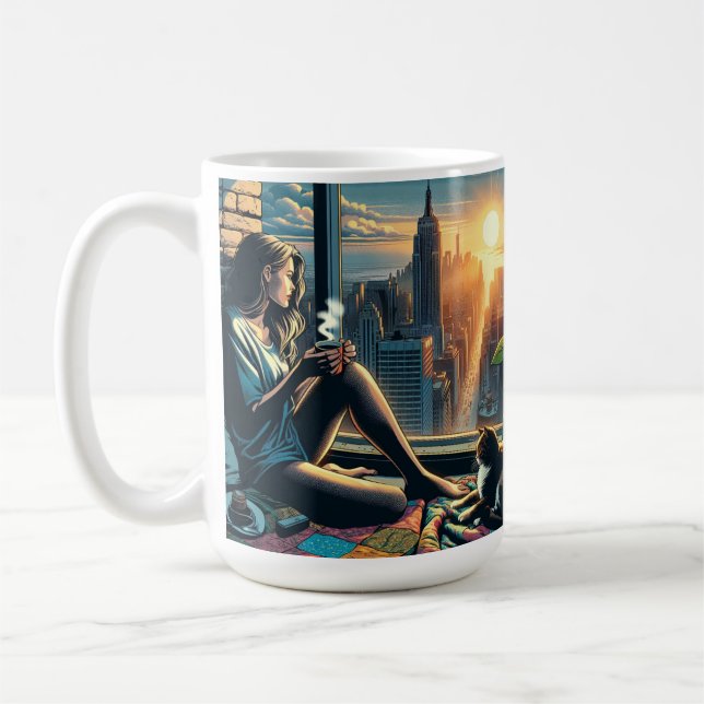 Woman Drinking Coffee at Sunrise in the City Coffee Mug (Left)