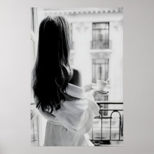 Woman Drinking Coffee in Window Print, Black and Poster