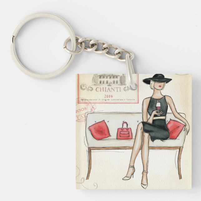 Woman Drinking Red Wine Keychain (Front)