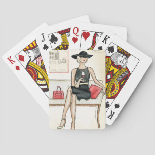 Woman Drinking Red Wine Playing Cards