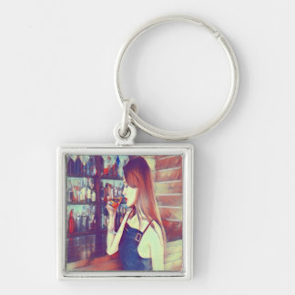 Woman drinking wine keychain
