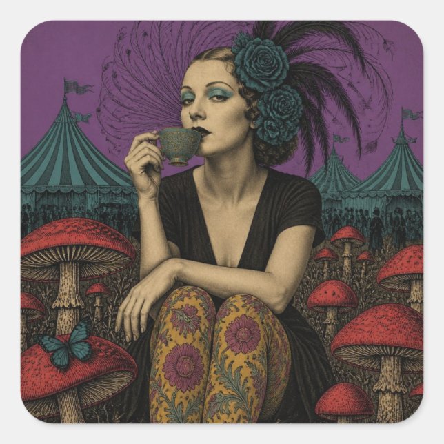 Woman Drinks Tea at the Circus Square Sticker (Front)