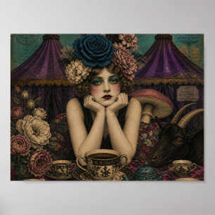 Woman Drinks Tea at the Circus With Black Goat Poster