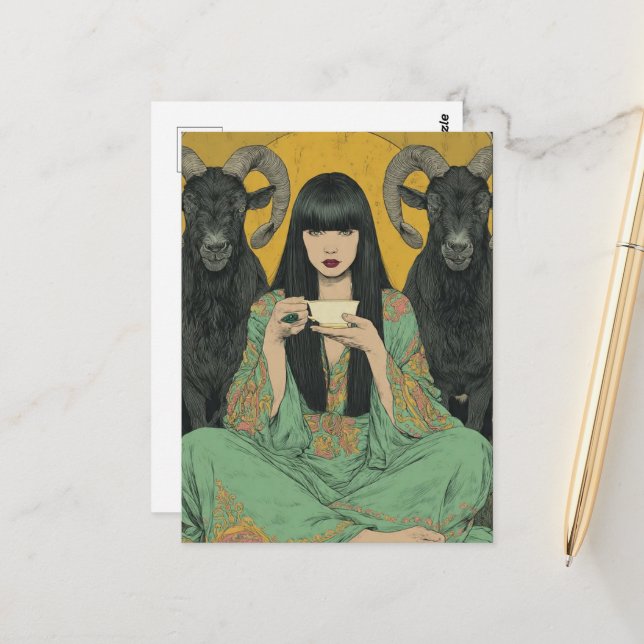 Woman Drinks Tea With Two Black Goats Postcard (Front/Back In Situ)