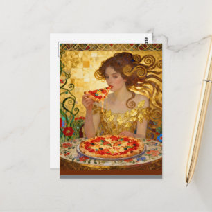 Woman Eating Pizza Faux Klimt Art Postcard
