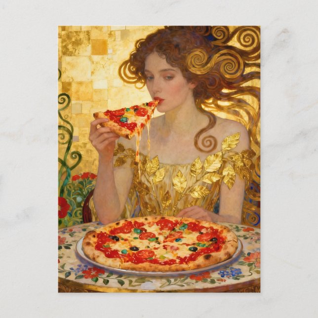 Woman Eating Pizza Faux Klimt Art Postcard (Front)