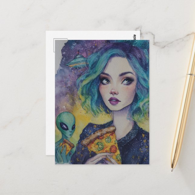 Woman Eating Pizza With An Alien Postcard (Front/Back In Situ)