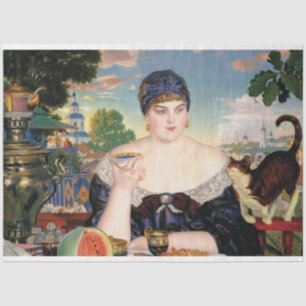 Woman Eating Watermelon with Cat Painting Tissue Paper