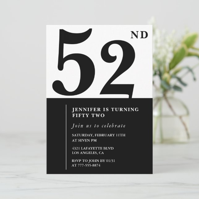 Woman Elegant 52nd birthday invitation Black  (Standing Front)