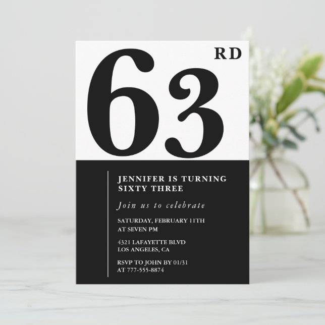Woman Elegant 63rd birthday invitation Black  (Standing Front)