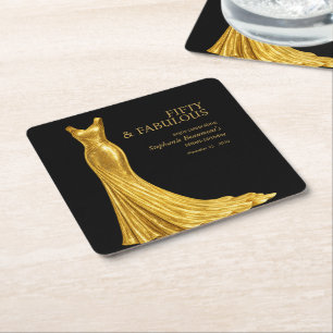 Woman Elegant Fabulous Golden Dress 50th Birthday Square Paper Coaster