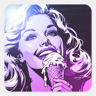 Woman Enjoying Her Ice Cream Blue Purple Magenta Square Sticker