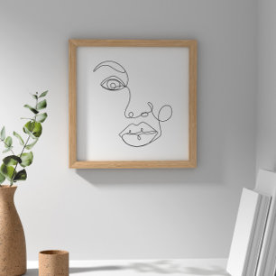 Woman Face Line Art Black and White Poster
