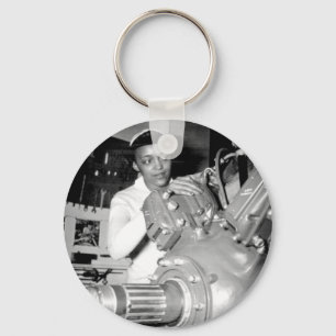 Woman Factory Worker with Aircraft Engine Keychain