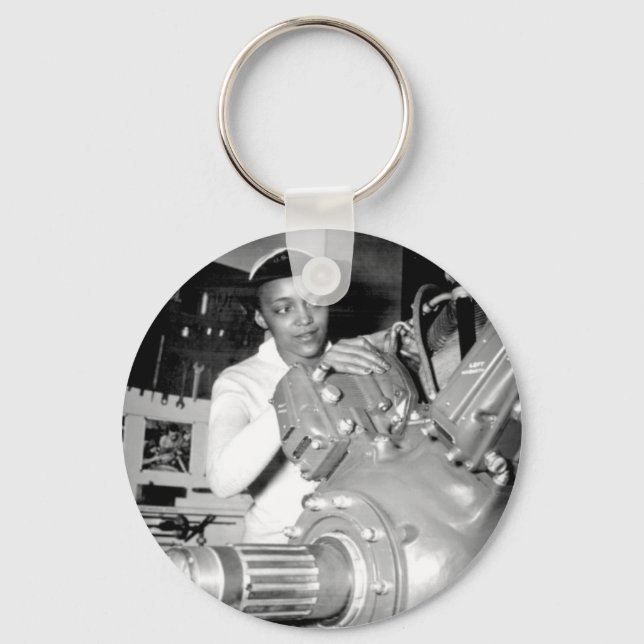 Woman Factory Worker with Aircraft Engine Keychain (Front)