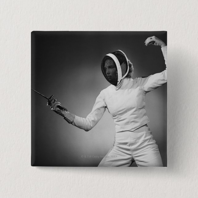 Woman Fencing 2 Inch Square Button (Front)