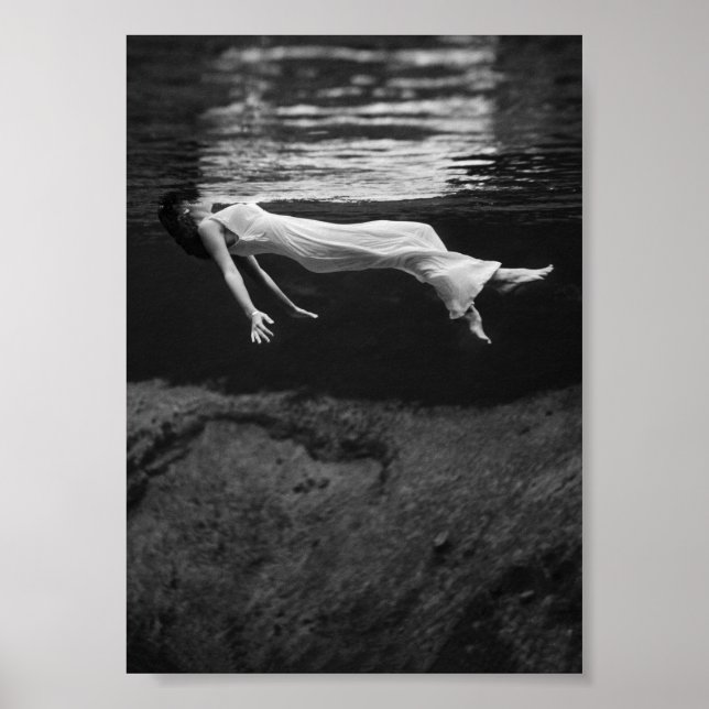 Woman Floating Underwater Black and White Vintage Poster (Front)