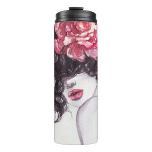 Woman Flowers, Fashion Watercolor Background. Thermal Tumbler