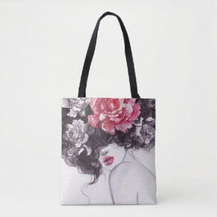 Woman Flowers, Fashion Watercolor Background. Tote Bag