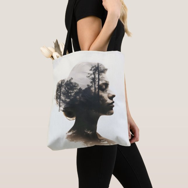 Woman Forest Double Exposure Tote Bag (Close Up)