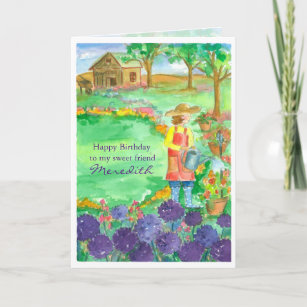 Woman Gardening Alliums Happy Birthday Friend Card