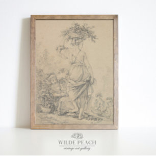 Woman gathering flowers vintage sketch, poster