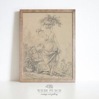 Woman gathering flowers vintage sketch, poster