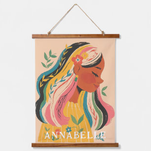 Woman Girl Boho Floral Illustration First Name Hanging Tapestry