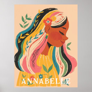 Woman Girl Boho Floral Illustration First Name Poster