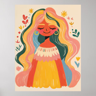 Woman Girl Cute Boho Floral Illustration Poster