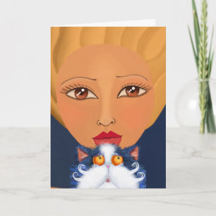 WOMAN GIRL WITH CAT ART GREETING CARDS