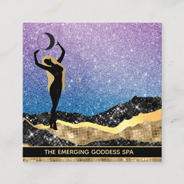 *~* Woman Goddess Ombre Moon Denim Blue Glitter Square Business Card (Front)