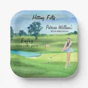 Woman Golf Player Hitting Fifty 50th Birthday Paper Plate