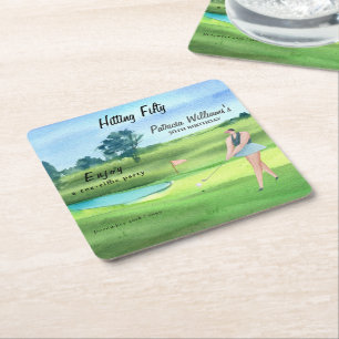 Woman Golf Player Hitting Fifty 50th Birthday Square Paper Coaster