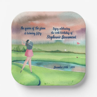 Woman Golf Player Swinging Fifties 50th Birthday Paper Plate