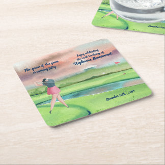 Woman Golf Player Swinging Fifties 50th Birthday Square Paper Coaster