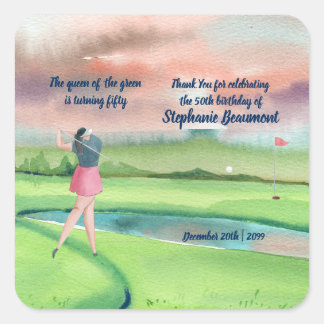 Woman Golf Player Swinging Fifties 50th Birthday Square Sticker