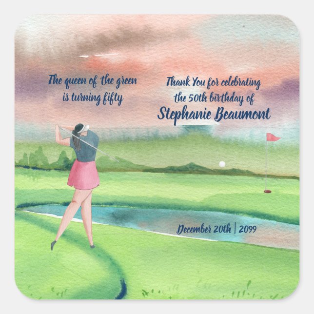 Woman Golf Player Swinging Fifties 50th Birthday Square Sticker (Front)