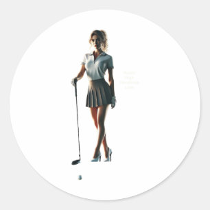 Woman Golfer Holding A Golf Club And Wearing A Ski Classic Round Sticker