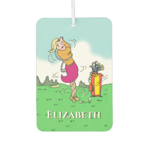 Woman golfer in a twist. Personalise. Air Freshener