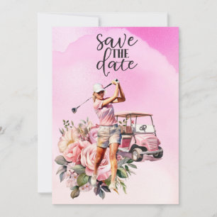 Woman golfer with pink golf cart on pink  invitation