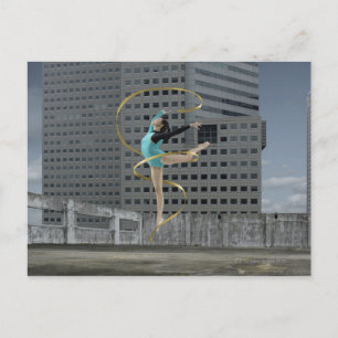 Woman gymnast outdoors on rooftop jumping in air postcard